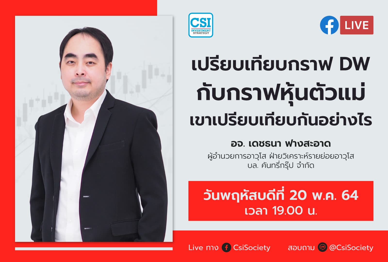 20 พ.ค. 2564 "เปรียบเทียบกราฟ DW กับกราฟหุ้นตัวแม่ เขาเปรียบเทียบกันอย่างไร" อจ. เดชธนา ฟางสะอาด ผู้อำนวยการอาวุโส ฝ่ายวิเคราะห์รายย่อยอาวุโส บล. คันทรี่กรุ๊ป จำกัด